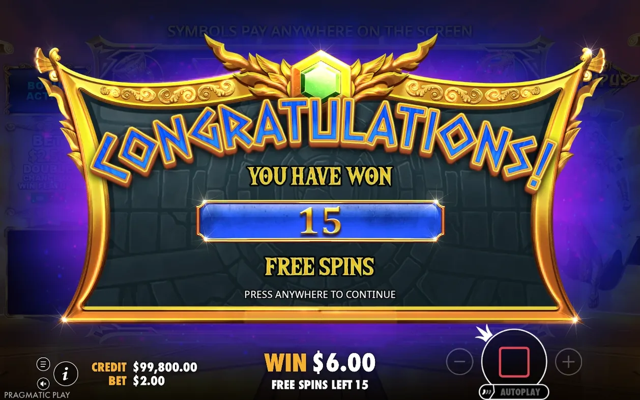 Zlatý banner Congratulations hlásí výhru 15 free spinů, aktuální výhra 6,00 $ při sázce 2,00 $.