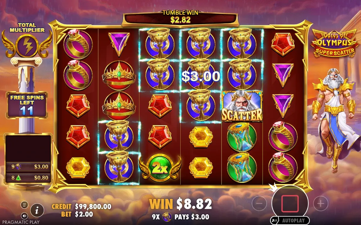 Volné otočky: Tumble Win $2.82, Scatter na mřížce, 9x multiplikátor, výhra $8.82, zbývá 11 otoček.