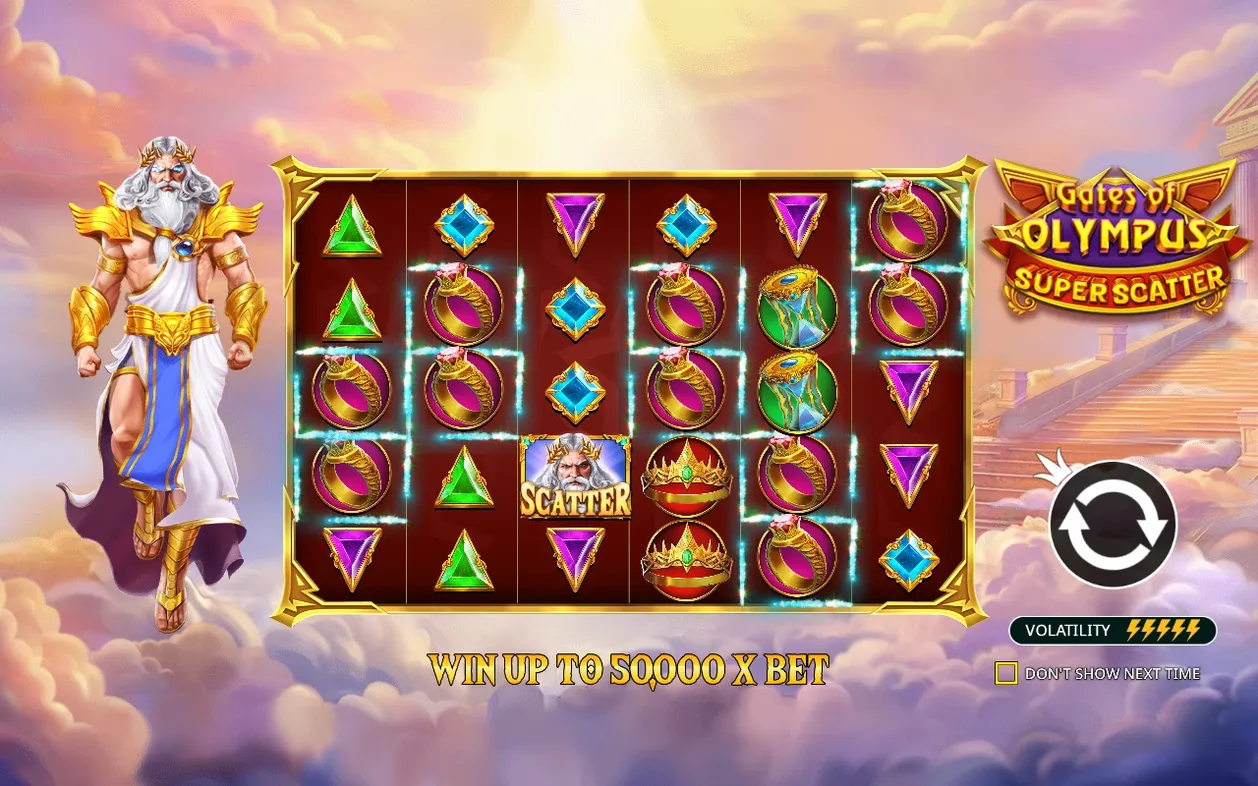 Úvodní obrazovka s Diem, mřížkou drahokamů, Scatterem a textem Win up to 50 000 x bet.