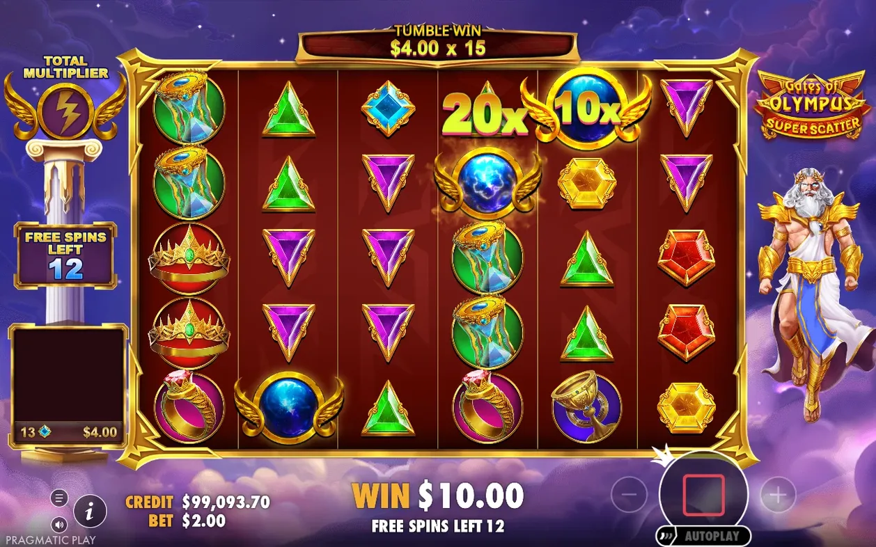 Super free spiny: Tumble Win $4.00 x15, multiplikátory 20x a 10x na mřížce, zbývá 12 otoček.