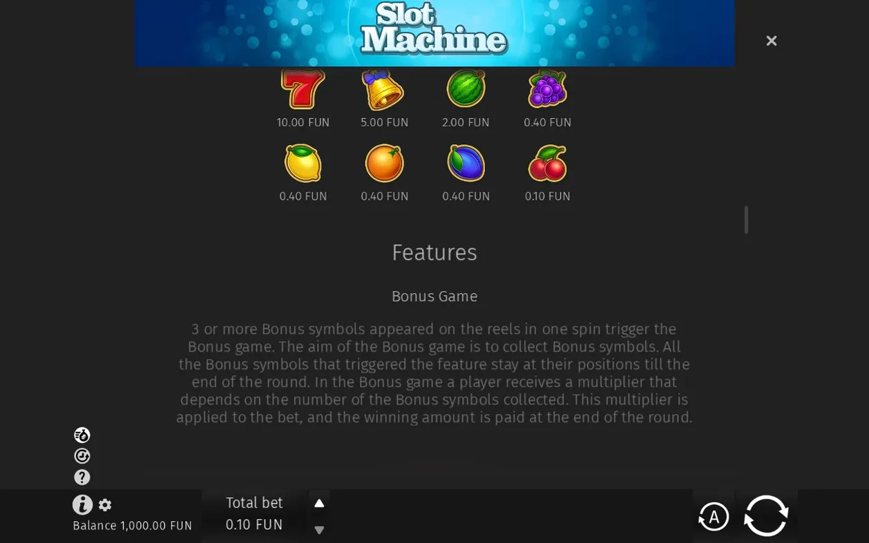 Sedmička, zvonek a ovocné symboly s výhrami 10.00 až 0.10 FUN, pod nimi popis funkce Bonus Game.