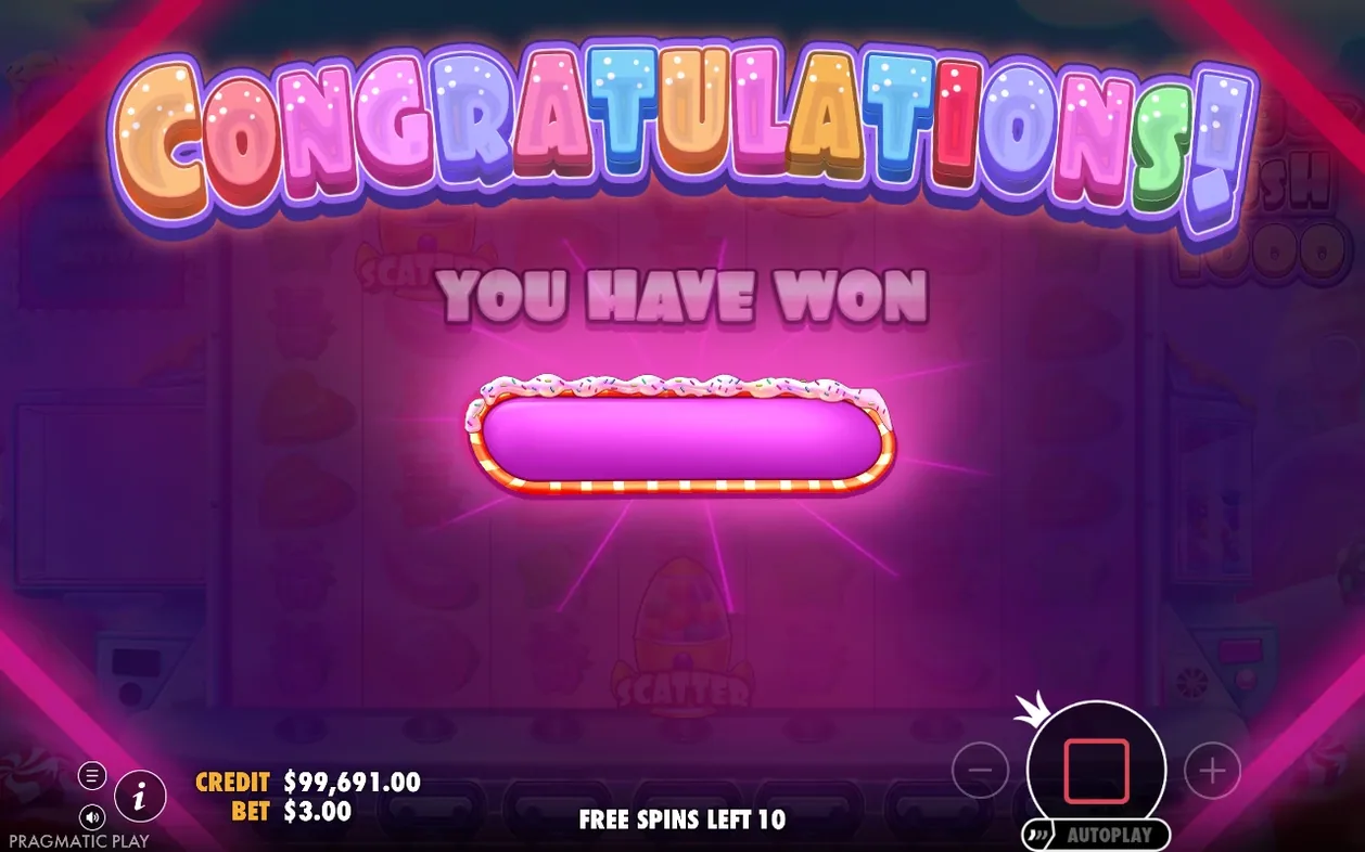 Obrazovka Congratulations s prázdným růžovým polem výhry, kredit $99,691.00, sázka $3.00, zbývá 10 free spinů.