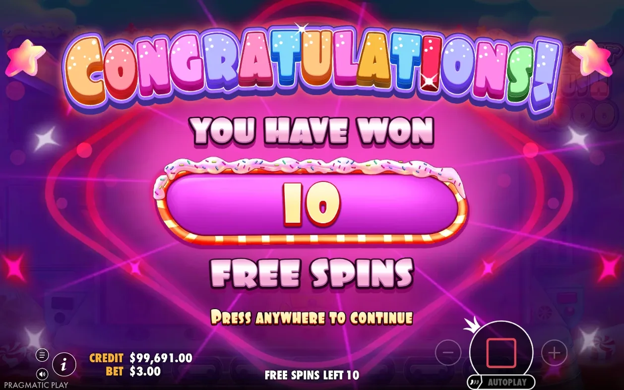 Obrazovka Congratulations hlásí výhru 10 free spinů, kredit $99,691.00, sázka $3.00.