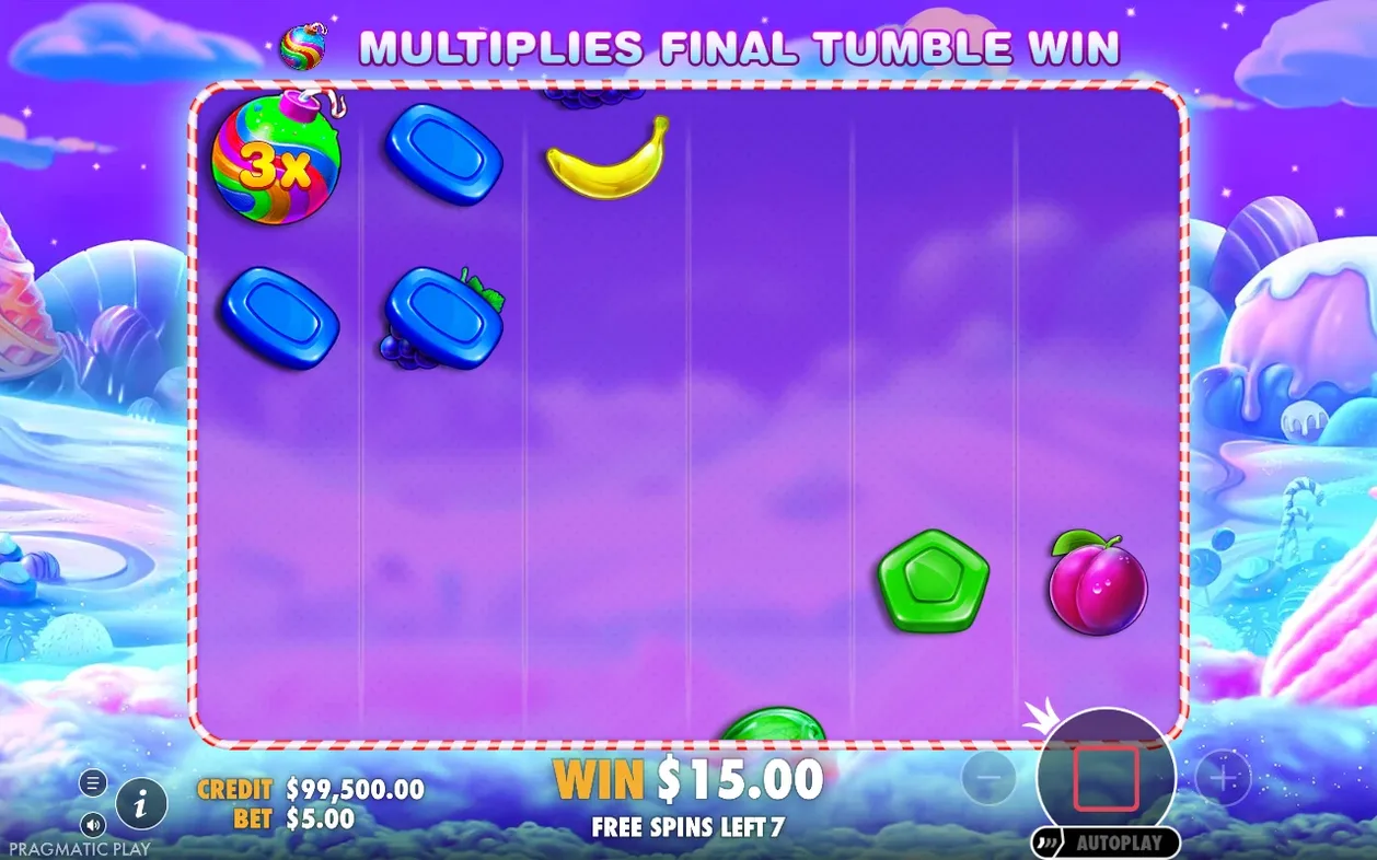 Free spiny: banner Multiplies Final Tumble Win, násobitelová bomba 3x na mřížce, výhra 15,00 $, zbývá 7 spinů.