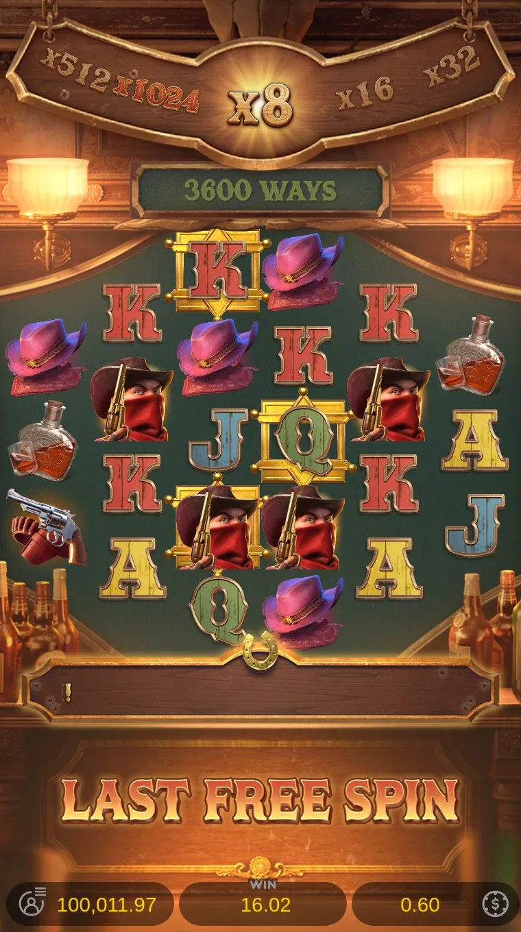 Bonusové otáčky v saloonu, násobitel x8 aktivní, hlášení LAST FREE SPIN, výhra 16.02