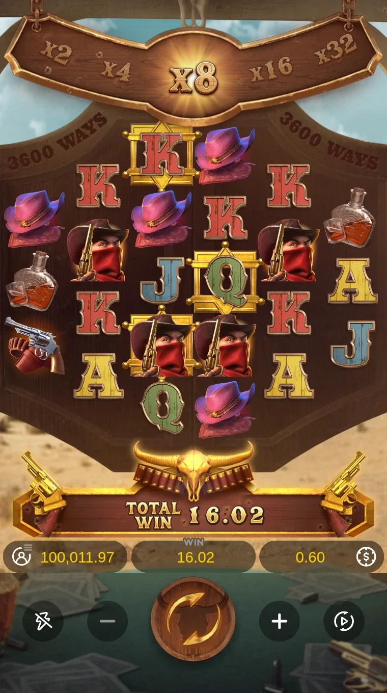 Hlavní hra s násobitelovým žebříčkem na x8 a panelem TOTAL WIN 16.02